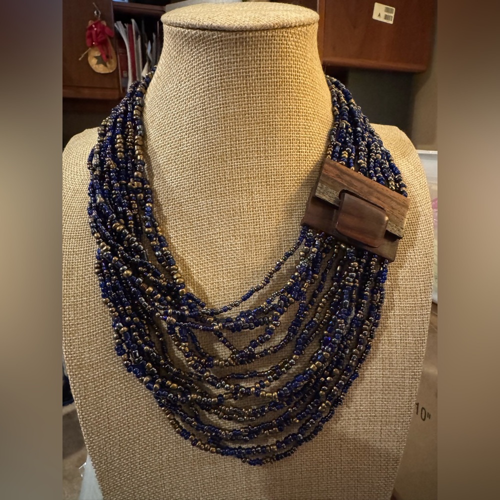 Chunky Blue Golden Buckle Seed Beads Multi-Strand Necklace